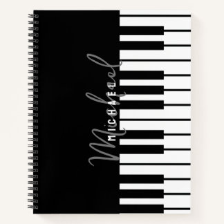 Modern zwart-wit pianotoetsenbord Monogram Naam Notitieboek