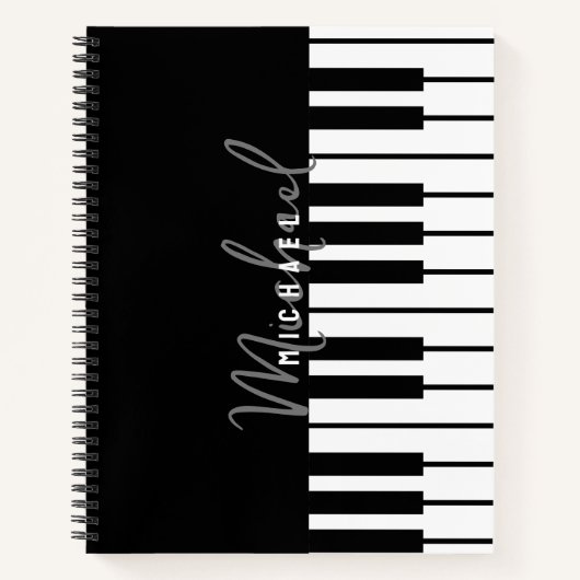 Modern zwart-wit pianotoetsenbord Monogram Naam Notitieboek (Voorkant)