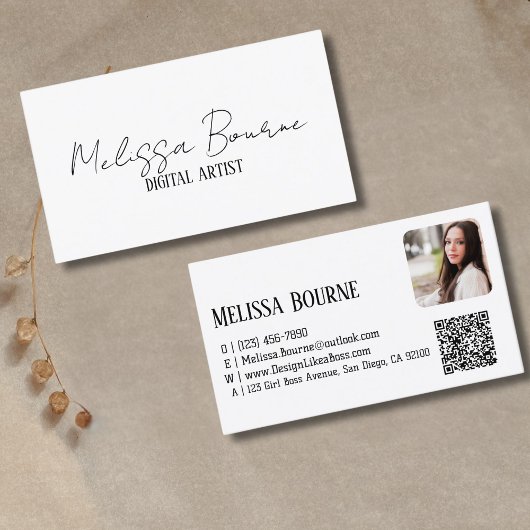 Modern zwart wit, professionele foto, QR-code Visitekaartje
