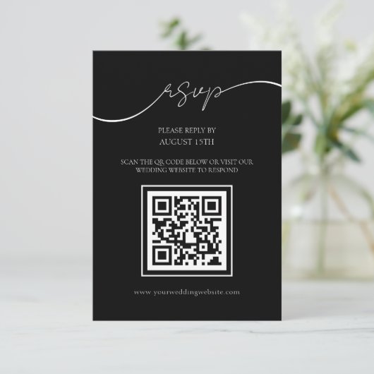 Modern Zwart-wit QR Code Bruiloft RSVP Kaart (Staand voorkant)