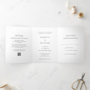 Modern zwart-wit QR Code Classy Wedding Drieluik Uitnodiging