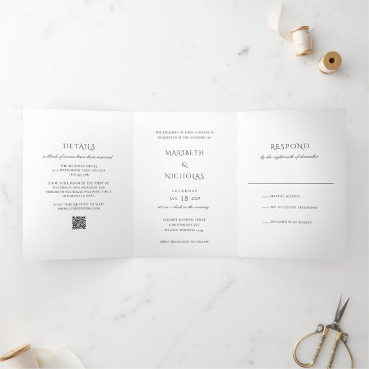 Modern zwart-wit QR Code Classy Wedding Drieluik Uitnodiging (Binnen)