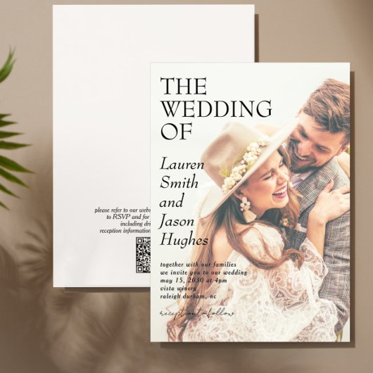 Modern Zwart & Wit QR Code Foto Boho Huwelijk Kaart