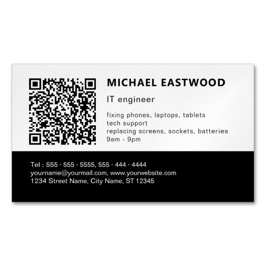 Modern Zwart Wit QR Code IT Professional Magnetisch Visitekaartje (Voorkant)