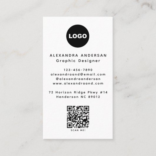 Modern Zwart Wit QR Code Logo Professional Visitekaartje (Voorkant)