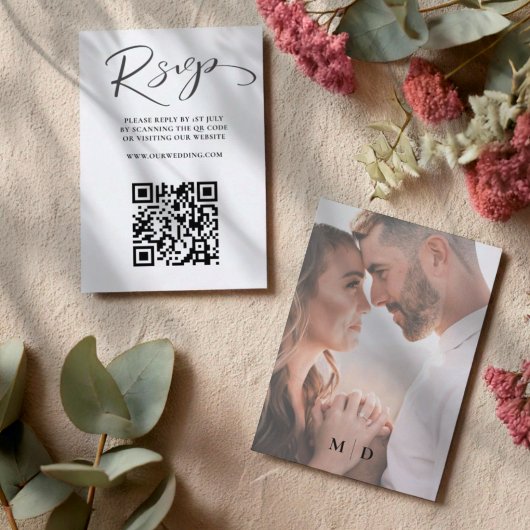 Modern Zwart & Wit QR Code RSVP bruiloft