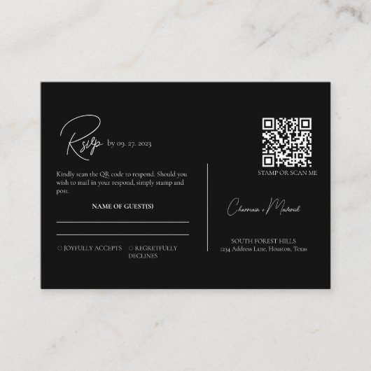 Modern Zwart & Wit QR Code Script Bruiloft RSVP Informatiekaartje (Voorkant)