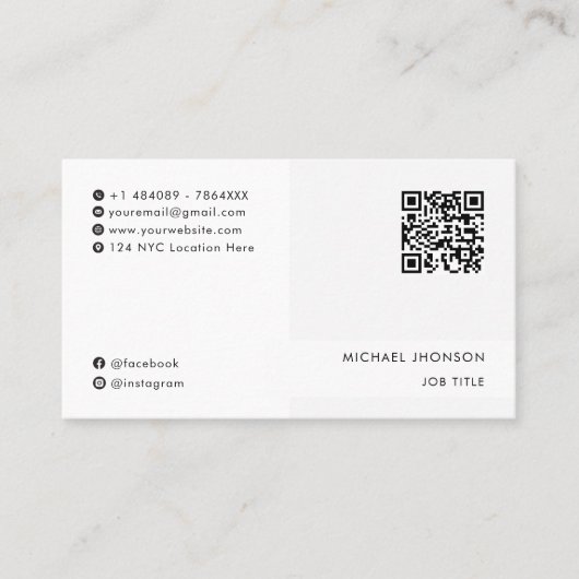 Modern Zwart Wit QR Code Social Media Icon Logo Visitekaartje (Voorkant)