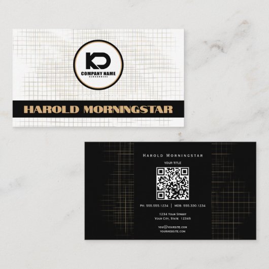 Modern Zwart Wit Raster met Qr en Logo Visitekaartje (Voorkant / Achterkant)