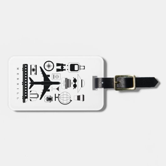 Modern zwart-wit reisobjectpatroon bagagelabel (Voorkant horizontaal)