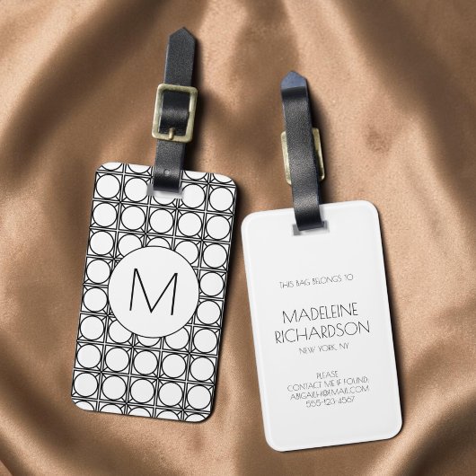 Modern zwart-wit rieten patroonmonogram bagagelabel