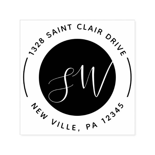 Modern Zwart Wit Rond Monogram Script Zelfinktende Stempel (Design)