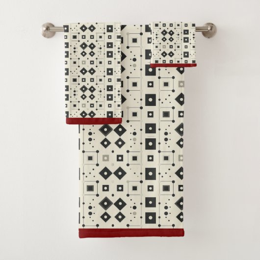 Modern zwart wit rood geometrisch patroon bad handdoek (Insitu)