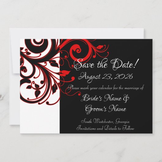 Modern Zwart Wit Rood Swirl Bruiloft Save the Date (Voorkant)