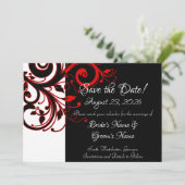 Modern Zwart Wit Rood Swirl Bruiloft Save the Date (Staand voorkant)