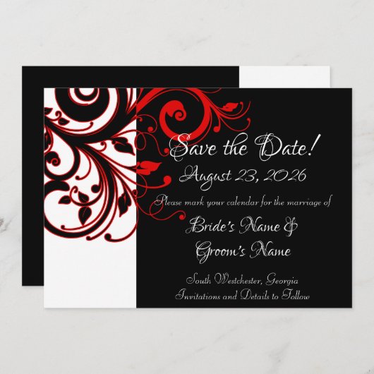 Modern Zwart Wit Rood Swirl Bruiloft Save the Date (Voorkant / Achterkant)