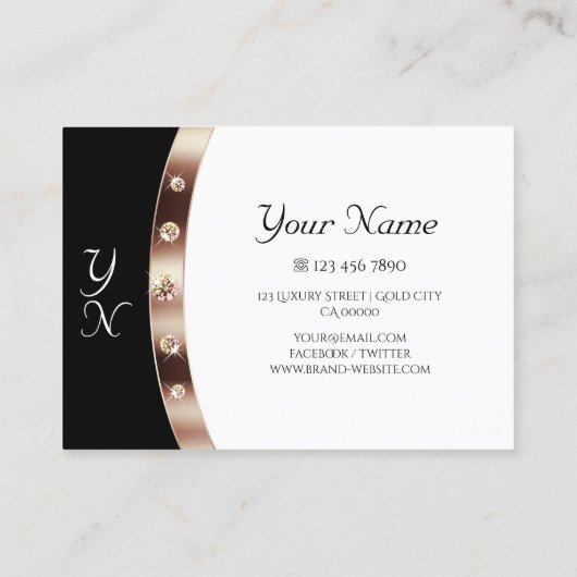 Modern Zwart-wit Rose Gold Diamonds Initialen Visitekaartje (Achterkant)