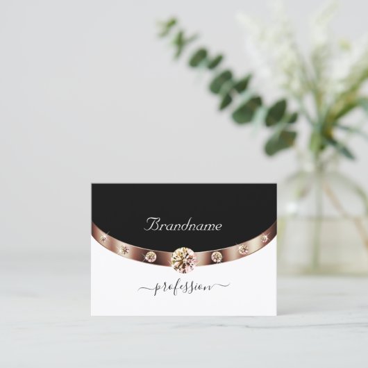 Modern Zwart-wit Rose Gold Diamonds Initialen Visitekaartje (Staand voorkant)