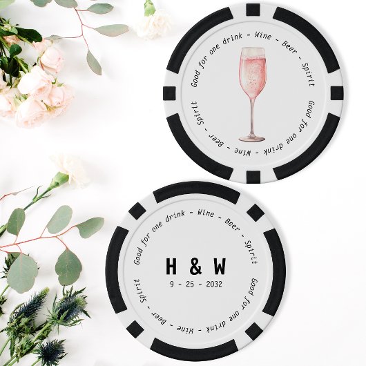 Modern Zwart Wit Roze Fizz Drink Voucher Bruiloft Poker Chips