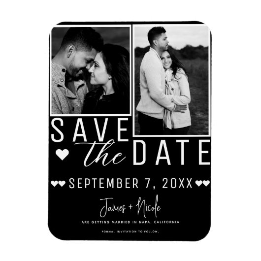 Modern Zwart & Wit Save the Date 2 Foto Bruiloft Magneet (Verticaal)