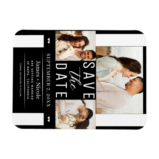 Modern Zwart Wit Save the Date 3 Foto Bruiloft Magneet (Horizontaal)