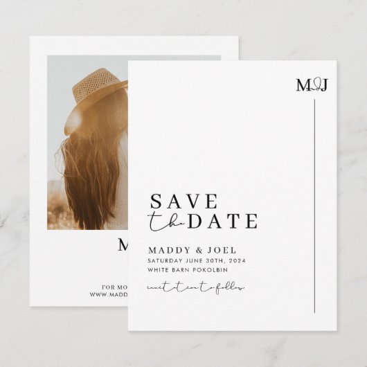 Modern Zwart Wit Save The Date met Foto MADDY (Voorkant / Achterkant)