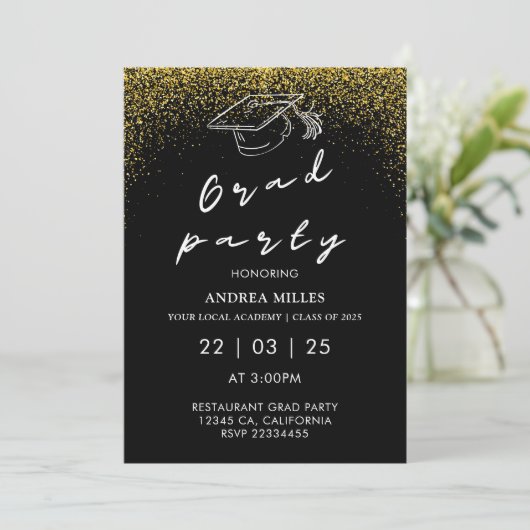 Modern zwart-wit script Afstudeerder Party Kaart (Staand voorkant)