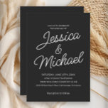Modern Zwart Wit Script Bruiloft Kaart<br><div class="desc">Maak een gedurfde uitspraak met deze klassieke zwarte huwelijksuitnodiging met een strakke moderne lay-out en elegant script. Het contrast van heldere witte tekst op een rijke zwarte achtergrond zorgt voor tijdloze sophisticatie, ideaal voor officiële bruiloften, zwart-stropdas evenementen of avondceremonies. Met een schoon en eigentijds ontwerp is deze uitnodiging gemakkelijk te...</div>