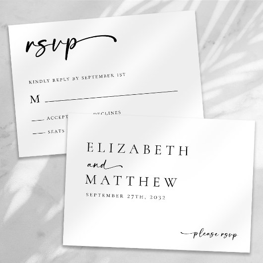 Modern zwart-wit script bruiloft RSVP kaartje