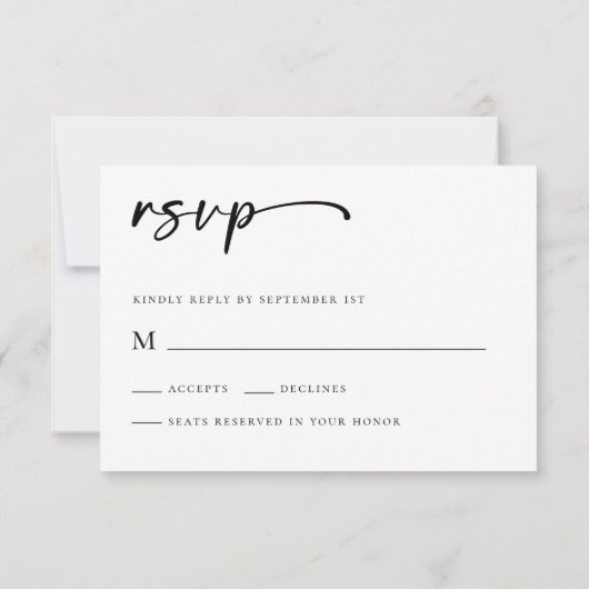 Modern zwart-wit script bruiloft RSVP kaartje (Achterkant)