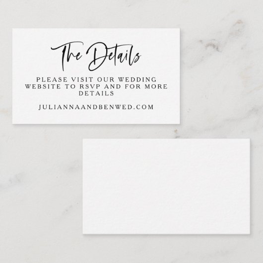 Modern Zwart Wit Script Bruiloft Website Details Informatiekaartje (Voorkant / Achterkant)