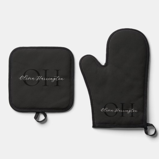 Modern zwart-wit script Classic Monogram Ovenwant & Pannenlap Set (Voorkant)