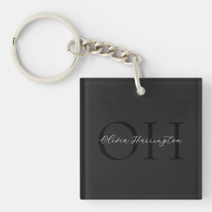 Modern zwart-wit script Classic Monogram Sleutelhanger
