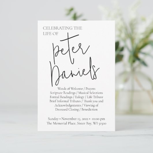 Modern zwart-wit script foto begrafenisprogramma kaart (Staand voorkant)