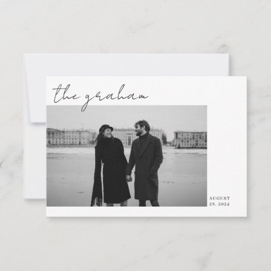 Modern Zwart Wit Script Foto Bruiloft Bedankkaart (Voorkant)