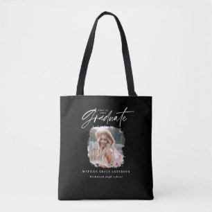 Modern zwart wit script foto elegant afstuderen tote bag