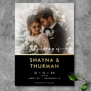 Modern zwart wit script foto minimale bruiloft folie uitnodiging