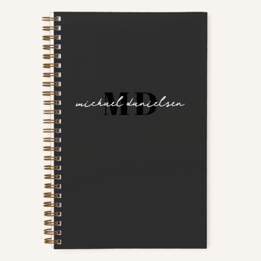 Modern Zwart & Wit Script Initiaal Monogram Luxe Notitieboek (Voorkant)