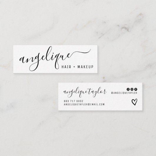 Modern zwart-wit script make-up haar trendy mini visitekaartje (Voorkant / Achterkant)