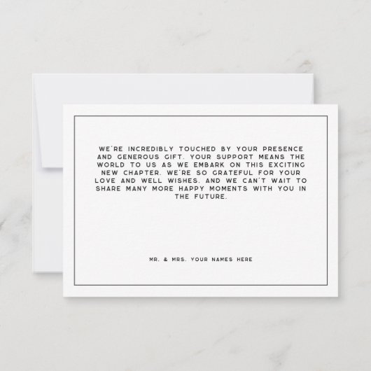 Modern Zwart Wit Script Minimale bruiloft Bedankkaart (Achterkant)