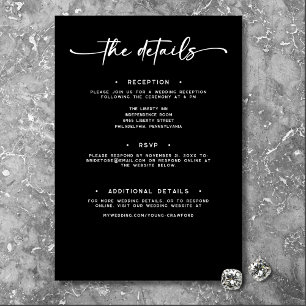 Modern zwart wit script Minimale bruiloft details Informatiekaartje
