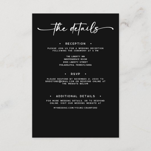 Modern zwart wit script Minimale bruiloft details Informatiekaartje (Voorkant)