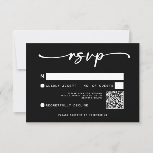Modern zwart wit script Minimale bruiloft QR-code RSVP Kaartje (Voorkant)