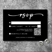 Modern zwart wit script Minimale bruiloft QR-code RSVP Kaartje