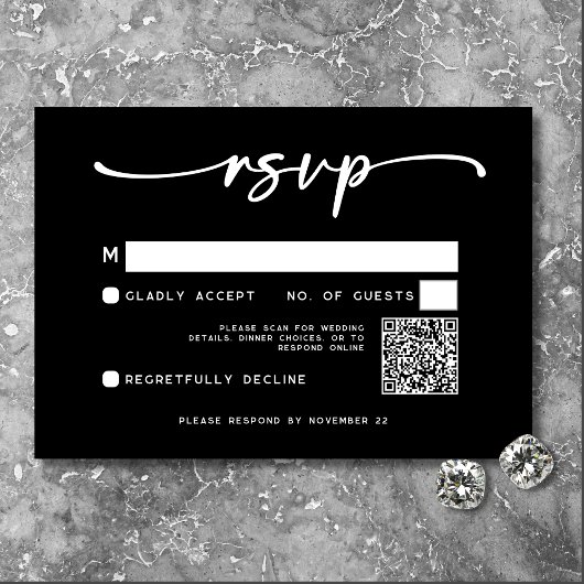 Modern zwart wit script Minimale bruiloft QR-code RSVP Kaartje
