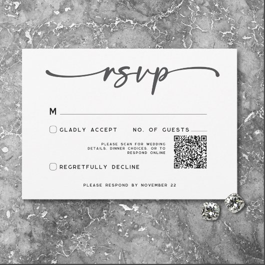 Modern zwart wit script Minimale bruiloft QR-code RSVP Kaartje