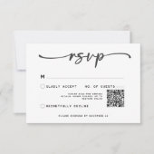 Modern zwart wit script Minimale bruiloft QR-code RSVP Kaartje (Voorkant)