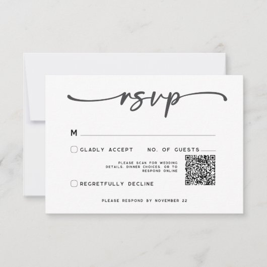 Modern zwart wit script Minimale bruiloft QR-code RSVP Kaartje (Voorkant)