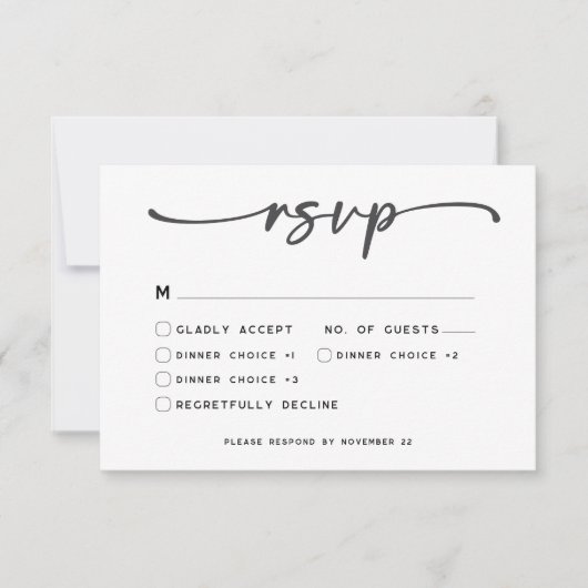 Modern Zwart Wit Script Minimale bruiloft RSVP Kaartje (Voorkant)