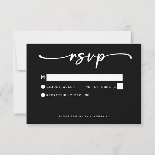 Modern Zwart Wit Script Minimale bruiloft RSVP Kaartje (Voorkant)